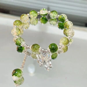 Green & Clear Faceted Crackle Bead Butterfly Charm Stretch Bracelet NWT